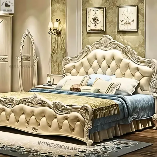 Luxury Bedroom Set with Handcrafted Ivory Bed & Stands