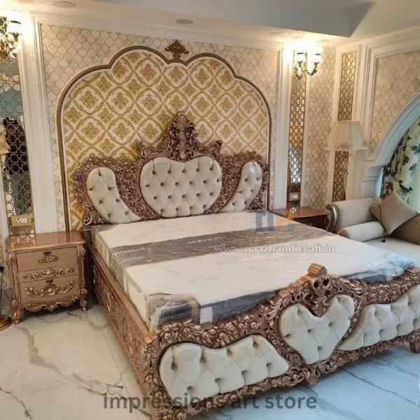 Naaz Handicraft Royal Gold Carved Crown Bed