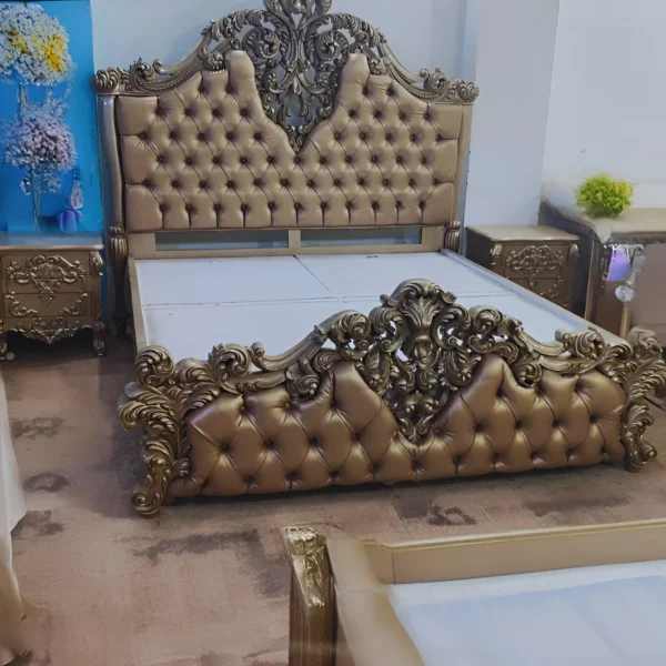French Beige Luxury King Bed with 2 Elegant Side Tables