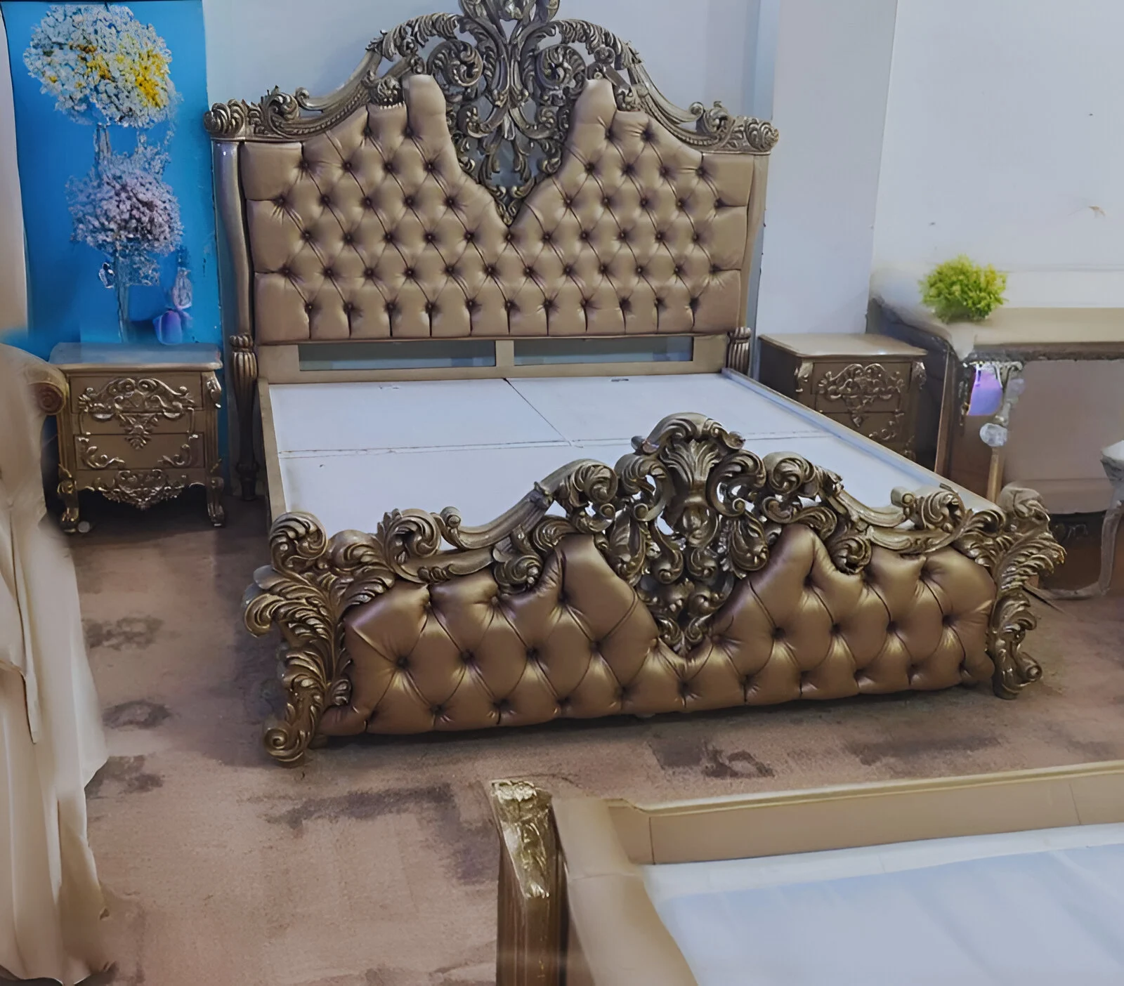1 (41) French Beige Luxury King Bed with 2 Elegant Side Tables - Image 1