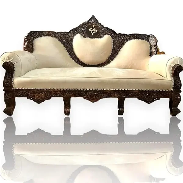 Handcrafted Sheesham Wood Sofa – Plush Beige Antique