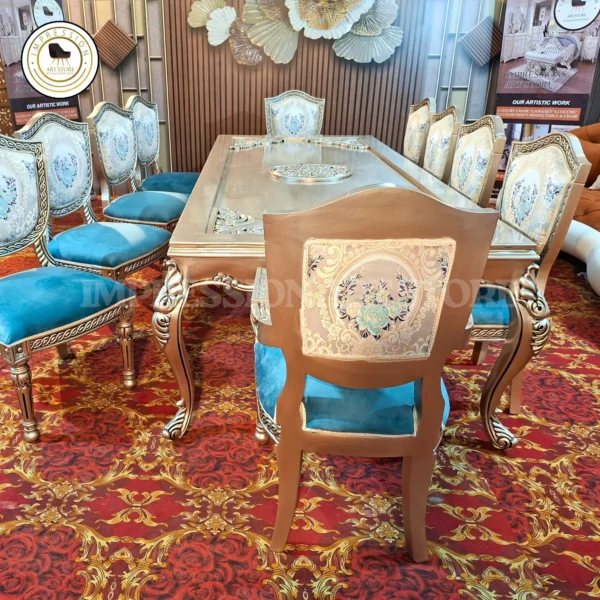 Luxury 10-Seater Handcarved Teak Wood Dining Table Set