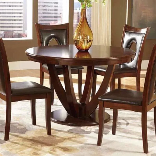 Modern 4-Piece Round Dining Set – Sleek Wood & Leather Design