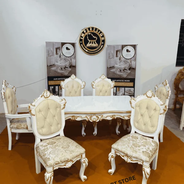Vintage White & Gold 6-Seater Dining Set – Handcrafted