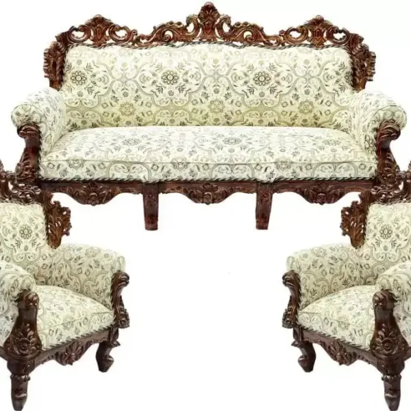 Rococo-Inspired Teakwood Sofa Set with Premium Silk Upholstery