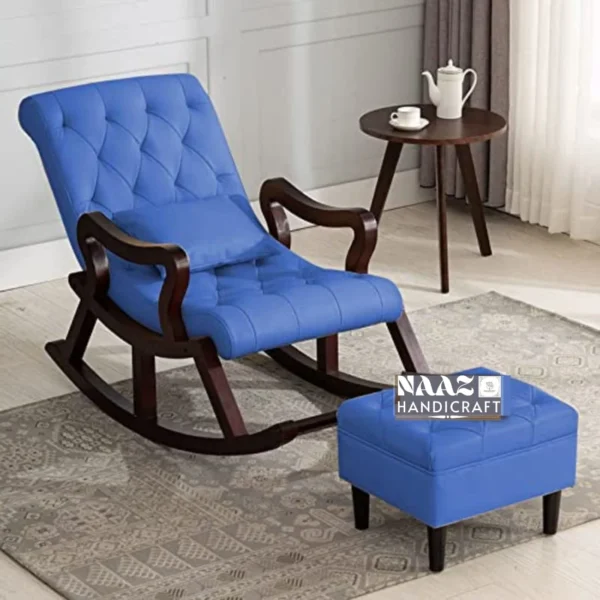 Sheesham Wood Rocking Chair with Arm & Footrests – Blue